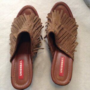 UNIONBAY "Makena" "8.5" Sueded Fringed Open Toed Clogs, Hippie Vibes, Bohemian